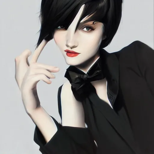 Image similar to slim girl in tuxedo with short black hair, elegant, 2d, ultra highly detailed, digital painting, smooth, sharp focus, artstation, art by Ilya Kuvshinov