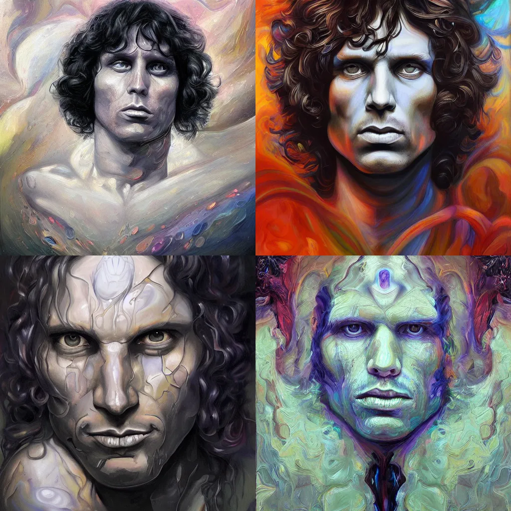 Prompt: jim morrison portrait, oil painting of gloomy abstract surrealist forms by yvonne mcgillivray by mandy jurgens by michael divine, powerful eyes glowing highly detailed painting of gloomy, spiritual abstract forms, symmetrical, trending on art station, abstract emotional rage expression, fantasy digital art, highly detailed patterned visionary art, magic symbols, by michael divine, cosmic nebula