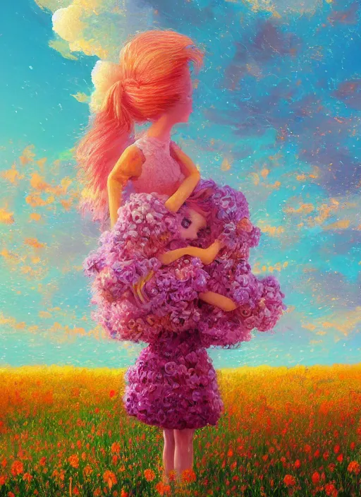 Image similar to girl with giant flower hair and flower dress, standing in a flower field hills, big trees, sunrise dramatic light, impressionist painting, colorful clouds, digital painting, pointillism, artstation, simon stalenhag