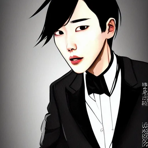 Prompt: portrait of a beautiful korean girl wearing a men's tuxedo, with short messy hair, men's haircut, angular features, angry expression, digital art, elegant pose, detailed illustration