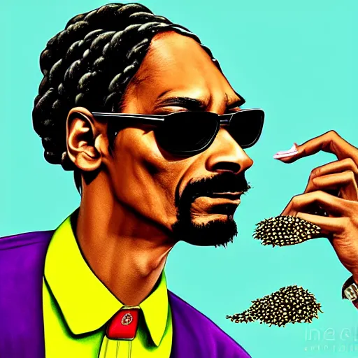 Image similar to snoop dogg smoke someone feet, gta vice city style, smooth painting, each individual seeds have ultra high detailed, 4 k, illustration, comical, acrylic paint style, pencil style, torn cosmo magazine style, pop art style, ultra realistic, underrated, by mike swiderek, jorge lacera, ben lo, tyler west