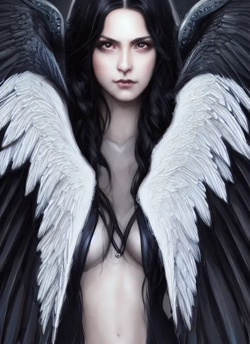 Prompt: beautiful black haired girl archangel with gray wings, black jacket, black bra, highly detailed, d & d, fantasy, highly detailed, digital painting, trending on artstation, concept art, sharp focus, illustration, art by artgerm and greg rutkowski and fuji choko and viktoria gavrilenko and hoang lap