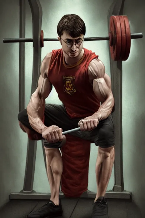 Image similar to highly detailed rendering of Daniel Radcliffe as Harry Potter doing barbell back squats, dingy workout gym, wearing a muscle tee shirt, muscular deep squats, symmetrical, highly detailed, digital painting, artstation, concept art, smooth, sharp focus, illustration, cinematic lighting, art by artgerm and greg rutkowski and alphonse mucha