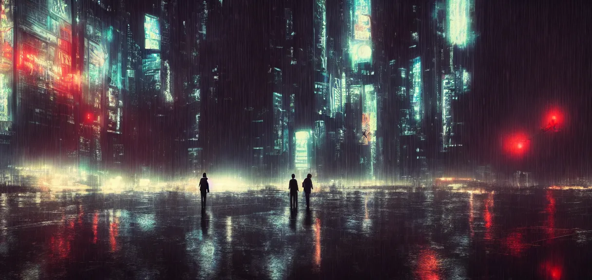 Image similar to shot of the roof with single man sitting on the edge during rain, below impressive cyberpunk night city during great rainy storm with lightning, nightscape, futuristic architecture, realistic photo, neons, blade runner, akira style, cinematic lighting, cinematic angles