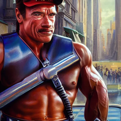 Image similar to arnold schwarzenegger as mario, looking into the camera, detailed, centered, digital painting, artstation, concept art, donato giancola, joseph christian leyendecker, wlop, boris vallejo, breathtaking, 8 k resolution, extremely detailed, beautiful, establishing shot, artistic, hyperrealistic, beautiful face, octane render, cinematic lighting, dramatic lighting, masterpiece