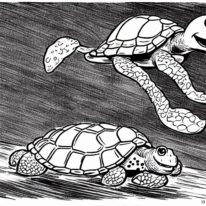 Image similar to a still frame from comic strip of a turtle running away 1 9 5 0, herluf bidstrup, new yorker illustration, monochrome contrast bw, lineart, manga, simplified