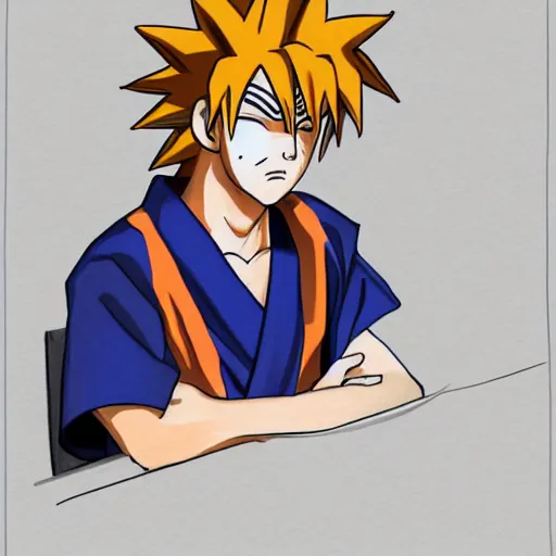 Image similar to young man in naruto costume and with saiyan hair on a trial in a court, courtroom sketch