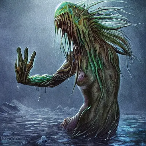 Image similar to creepy humanoid merfolk monster, slimy, wet, disturbing, long fingers, crawling up from shallow water, realistic, atmospheric, highly detailed, illustration, painting, concept art, scary