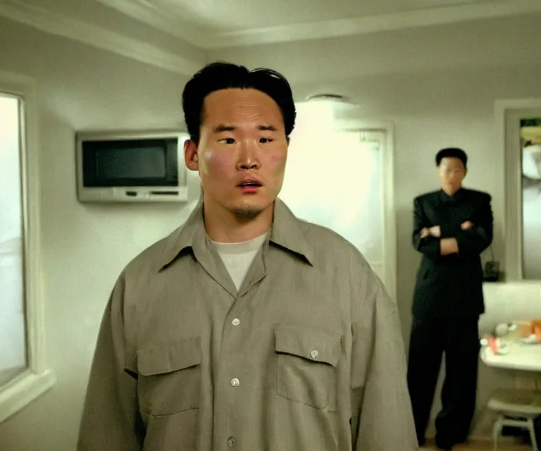 Image similar to hyperralism pineapple express ( 2 0 0 8 ) movie still photography of real detailed north korean kim chen with detailed face smoking high detailed weed and reviewing weed bush in detailed basement bedroom ultra violet light