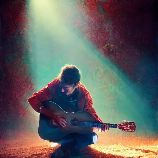 Image similar to rugged man with curly red hair wearing a green cloak playing a guitar portrait, atmospheric lighting, painted, intricate, volumetric lighting, beautiful, rich deep colours masterpiece, golden hour, sharp focus, ultra detailed, by leesha hannigan, ross tran, thierry doizon, kai carpenter, ignacio fernandez rios