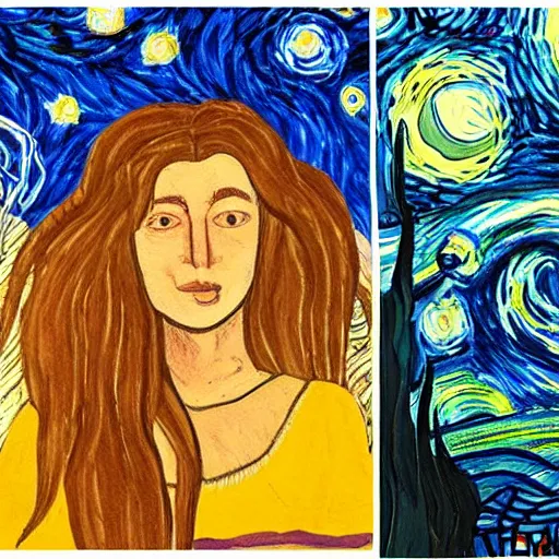 Image similar to A beautiful art installation of a woman with long flowing hair, wild animals, and a dark, starry night sky. by Mikhail Larionov, by Noelle Stevenson manmade