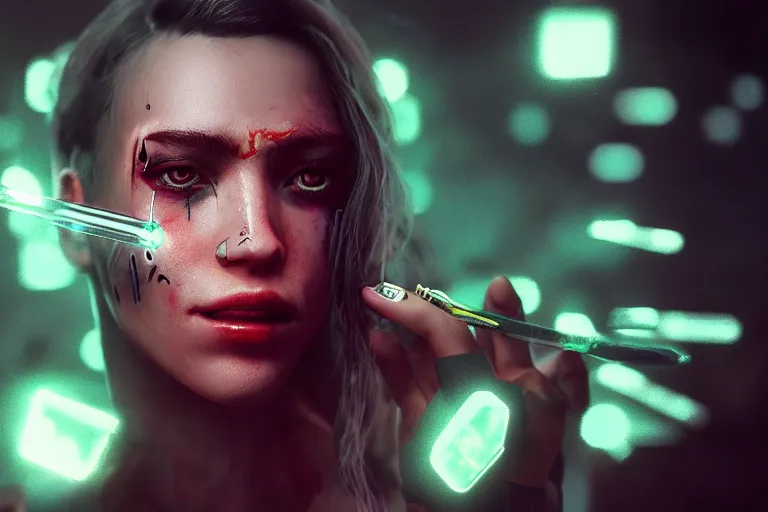 Image similar to Cyborg ​​girl transforming face fangs, syringes, forest, fog, volumetric light, cinematic, style by Cyberpunk 2077