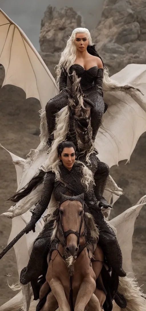 Image similar to full-body photograph of Kim Kardashian as Daenerys Targaryen riding a dragon, XF IQ4, 150MP, 50mm, F1.4, ISO 200, 1/160s, natural light