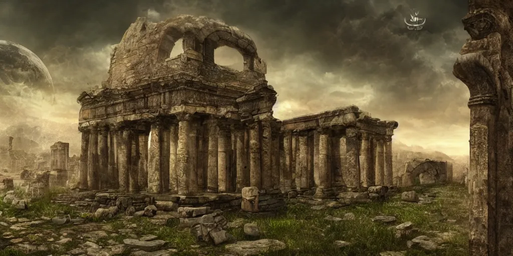 Image similar to ancient ruins inside the earth, fantasy apocalypse, dystopian, digital art, 4 k