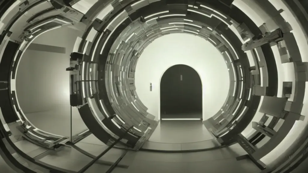 Prompt: an mri image open mri machine time tunnel portal in the living room, film still from the sci fi movie directed by denis villeneuve with art direction by salvador dali, wide lens