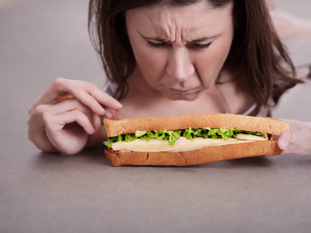 Prompt: woman upset that she dropped her sandwich on the floor, High Definition detail, 8K, photography