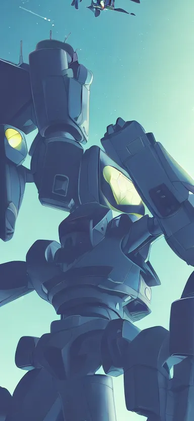 Image similar to close up pilot, looking up at giant mech, forest, key art, sharp lines, towering above a small person, aesthetic, anime, trigger, shigeto koyama, hiroyuki imaishi