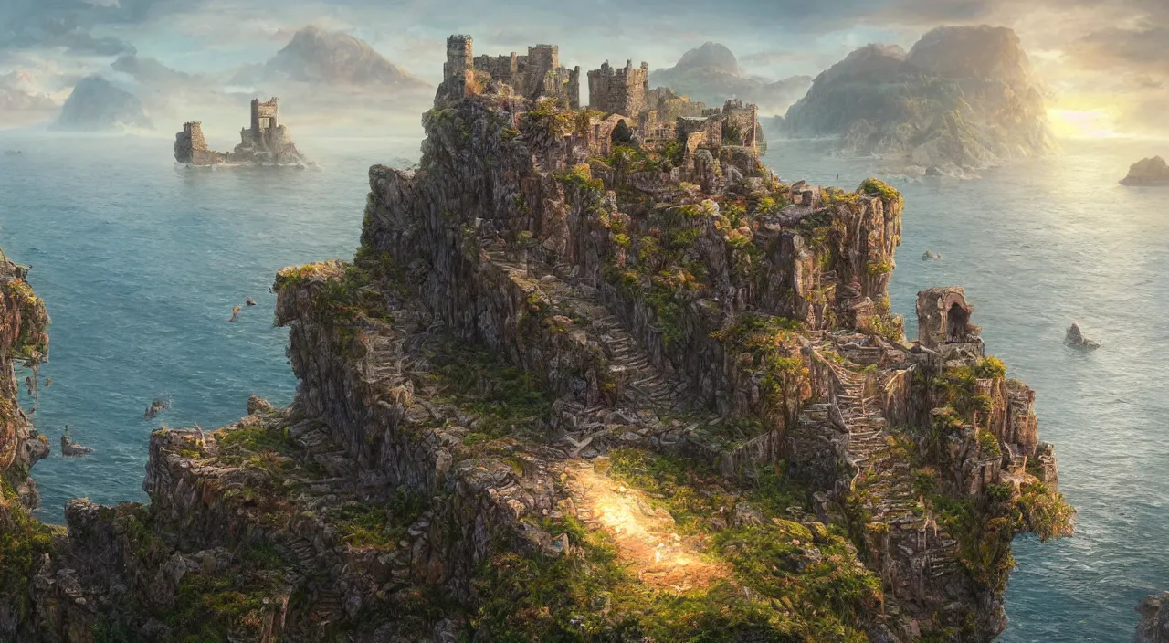 Image similar to hyper realistic detailed matte painting of castle ruins on a rocky steep cliff, calm sea in the background, sunset lighting, hyperdetailed unreal engine 8 k ultra hd, stanley artgerm lau, rossdraws, james jean marc simonetti ruan jia and mandy jurgens and artgerm and william illustration, digital art, concept art