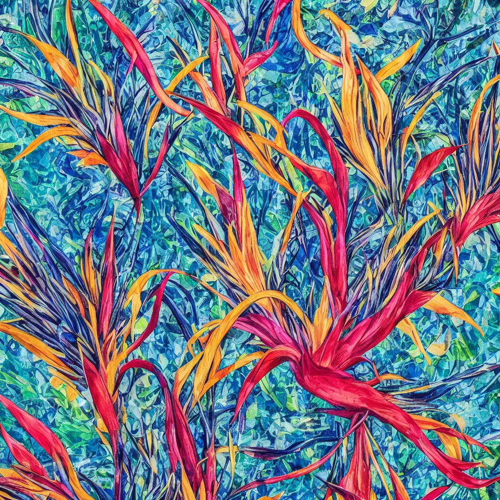 Image similar to highlight photograph of a stunning high fashion art dress, flowing colorful birds of paradise, beautiful presentation, high quality, extremely detailed, intricate details