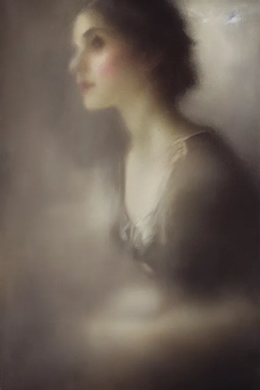 Image similar to detailed cinematic moody colors studio portrait of the memories of a victorian lady with a sensual pose kissing a gentleman with a blurred face high quality by jeremy mann, only one head single portrait