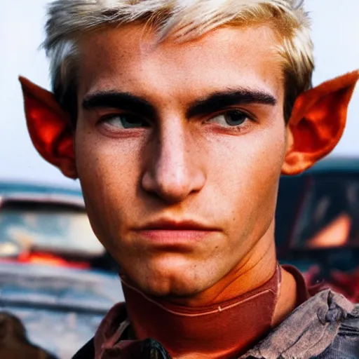 Image similar to close up headshot of a skinny high-fantasy elf with a long face narrow chin and spiky blonde hair wearing dark brown overalls and holding a bomb next to a destroyed car, gel spiked blond hair, high resolution film still, HDR color