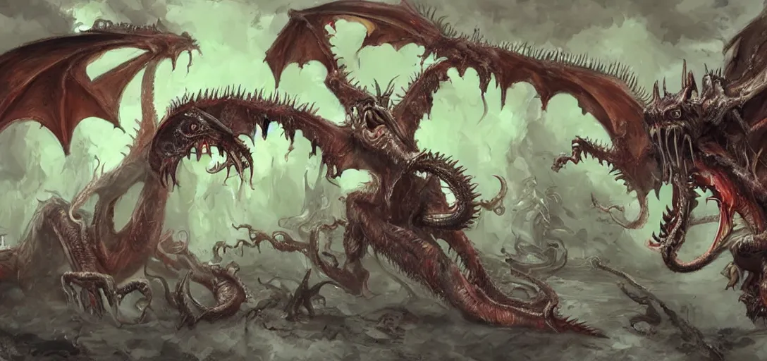 Image similar to concept art of dragon attack, lovecraftian, lots of teeth, melting horror, feathers, fighting the horrors of the unknown with laser guns