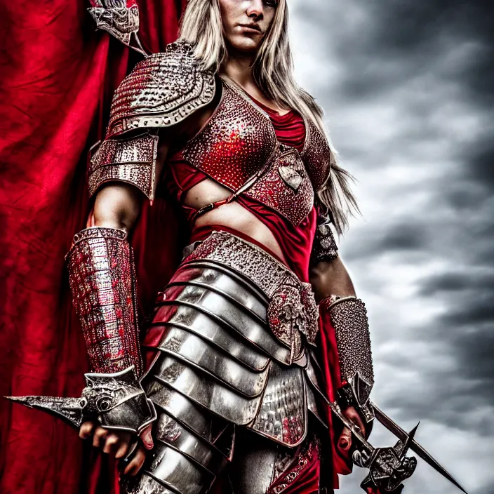 Image similar to full body portrait photo of a beautiful strong warrior queen wearing ruby encrusted armour, highly detailed, 4 k, hdr, smooth, sharp focus, high resolution, award - winning photo