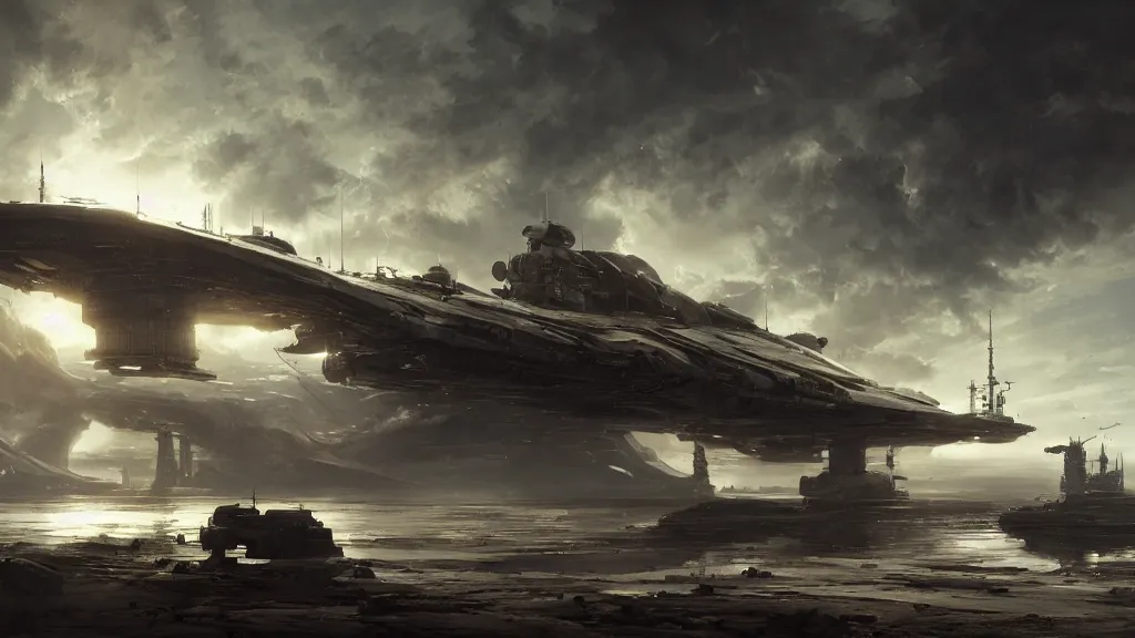 Image similar to worn spaceship docked at the glorious empire's largest orbital station. andreas achenbach, artgerm, mikko lagerstedt, zack snyder