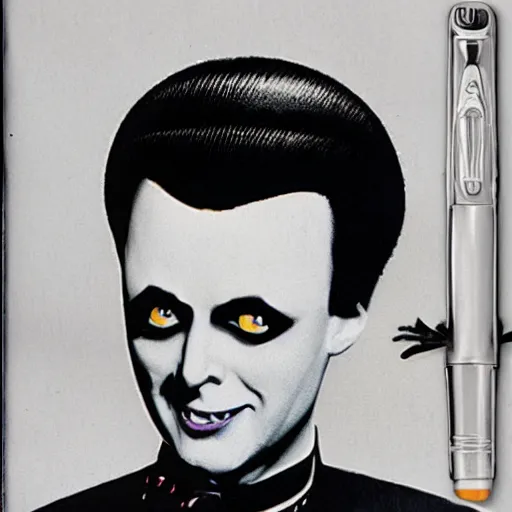 Prompt: a product photo ad of klaus nomi with a technical reed rollerball pen exacto knife by junji ito, ethereal eel