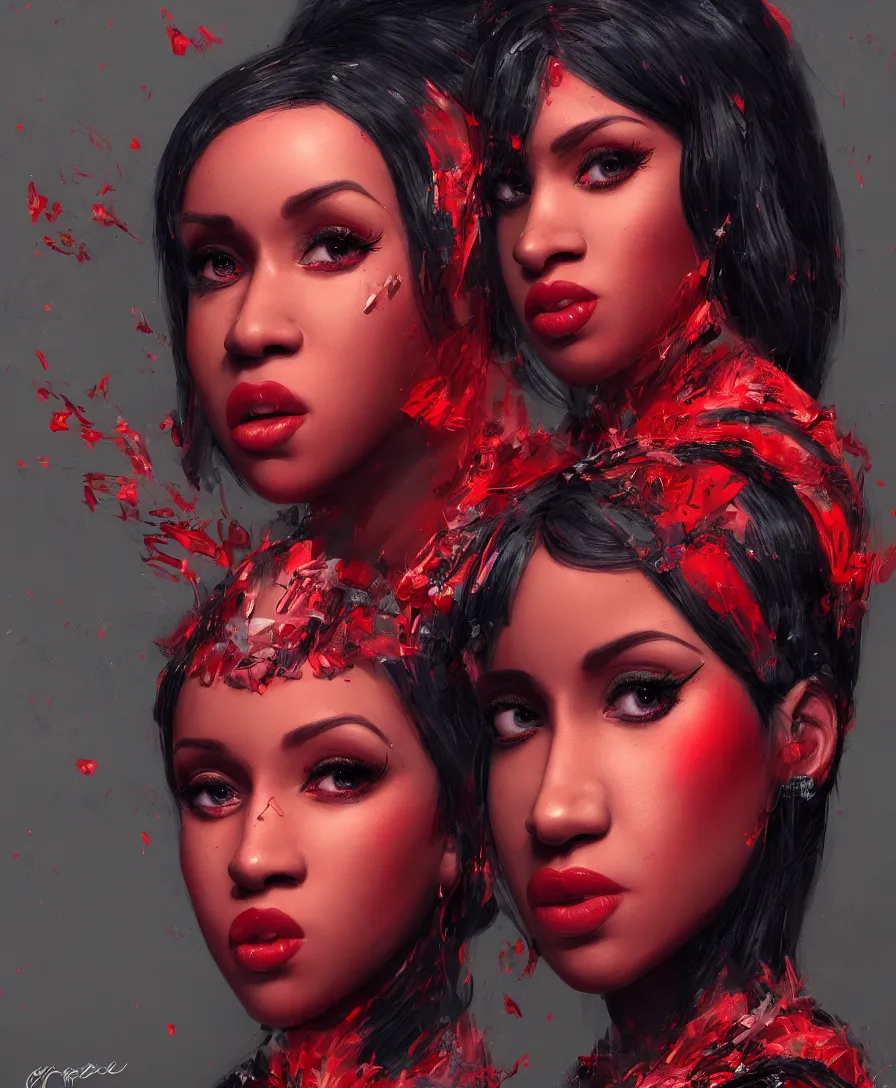 Image similar to hyper realistic cardi b, art by greg rutkowski, intricate, ultra detailed, photorealistic, black and red colors, trending on artstation, octane render, 4 k, 8 k