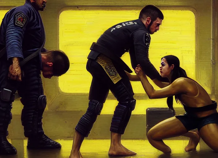 Image similar to jujitsu Nikki defeats sgt Nash. Cyberpunk hacker wearing yellow fighting menacing police troopers (blade runner 2049, cyberpunk 2077). Orientalist portrait by john william waterhouse and James Gurney and Theodore Ralli and Nasreddine Dinet, oil on canvas. Cinematic, hyper realism, realistic proportions, dramatic lighting, high detail 4k