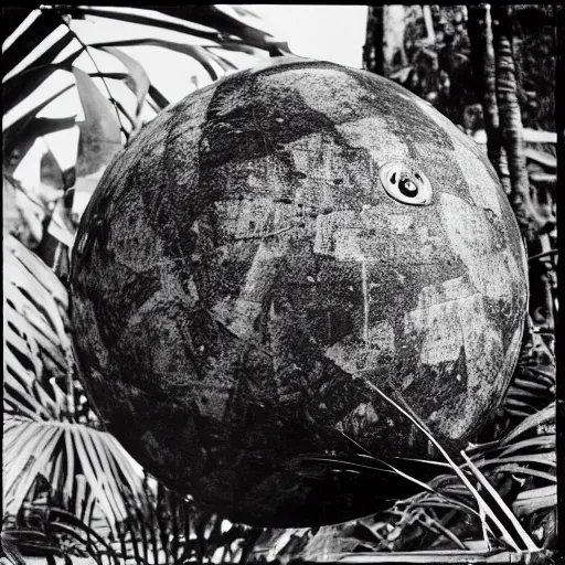 Image similar to a rizom lost film footage of a sphere ethnographic object in the middle of the tropical jungle / object / abstract / modernism / film still / cinematic / enhanced / 1 9 2 0 s / black and white / grain