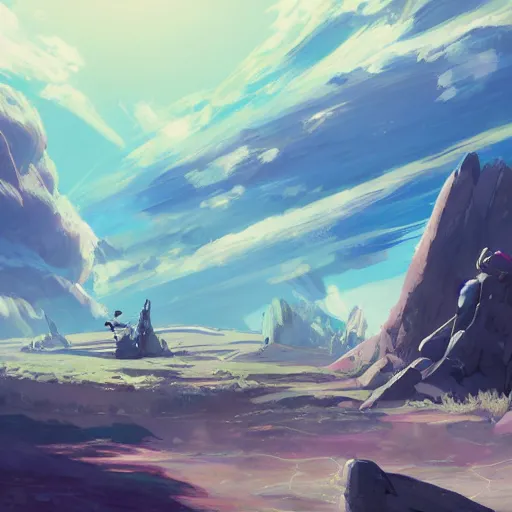 Image similar to a spaceship crashed into a foreign planet. The spaceship is buried in the ground. anime clouds. in the style of digital art, artstation trending, rossdraws, breath of the wild, Makoto Shinkai, ghibli