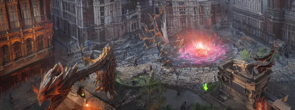 Image similar to large sinkhole in the middle of london westminster, with glowing spiked wyvern flying creatures emerging from the hole, in the style of monster hunter world, like concept art on artstation, hyperdetailed, vray render, octane render,