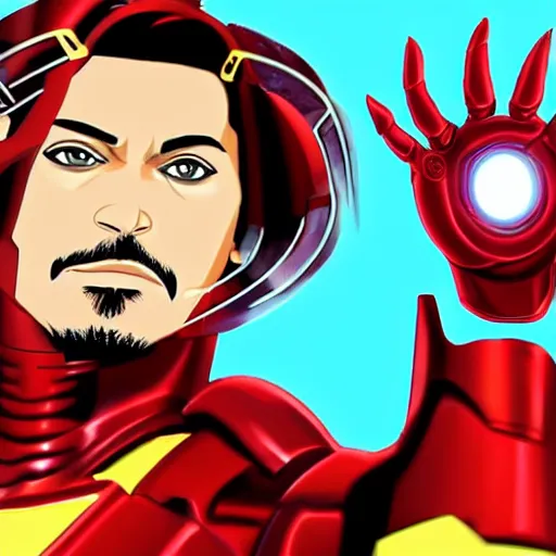 Image similar to cartoon Johnny Depp as iron man, hd, comic style