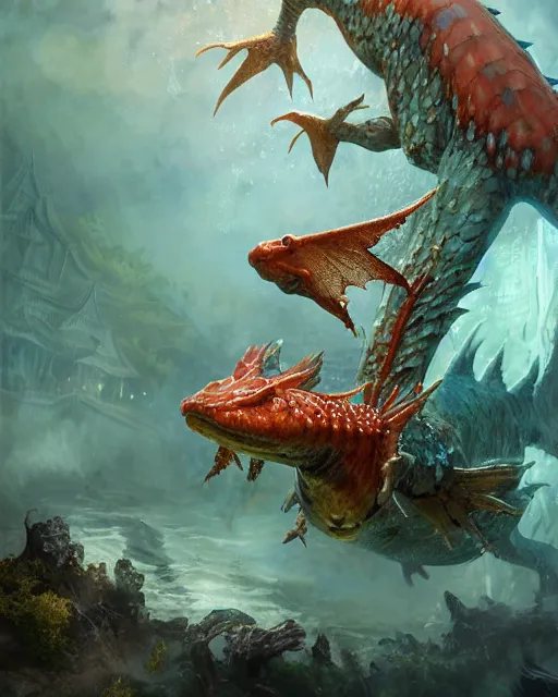 Image similar to game character, ethereal, gorgeous, mysteriously beautiful giant huge kaiju sized pond dragon half fish half salamander, sea dragon, wet amphibious skin, red salamander, axolotl creature, koi pond, korean village by Ruan Jia and Gil Elvgren, fullbody