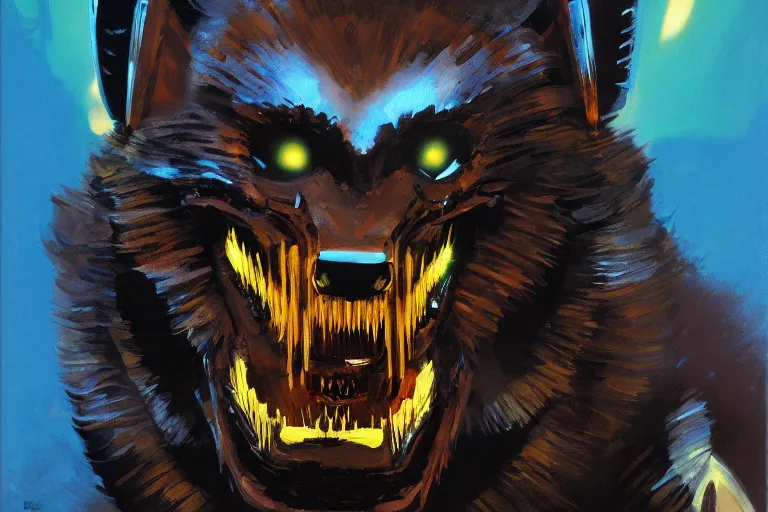 Image similar to face of a ferocious bionic werewolf robot with sharp teeth by Paul Lehr by Syd Mead