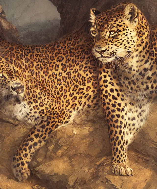 Image similar to a ultradetailed painting of the empress of leopards by greg rutkowski and karol bak, volumetric lighting, symmetrical features, 4 k