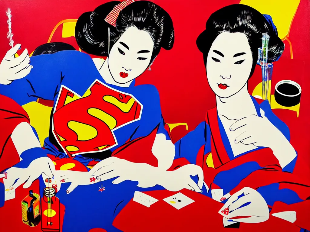 Image similar to hyperrealism composition of the detailed woman in a japanese kimono sitting at a poker table with superman, fireworks on the background, pop - art style, jacky tsai style, andy warhol style, acrylic on canvas