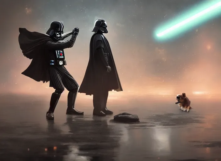 Prompt: a Photorealistic dramatic hyperrealistic render of darth vader with lightsaber drawn facing off against a cute corgi in battle, futuristic star wars vibe, by WLOP and Artgerm and Greg Rutkowski and Alphonse Mucha, Beautiful dynamic dramatic dark moody lighting, shadows, cinematic atmosphere, Artstation, concept design art, Octane render, 8K, masterpiece