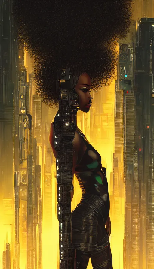 Image similar to a beautiful young Black woman, cyberpunk, Blade Runner city background, highly detailed, 8K, artstation, illustration, art by Gustav Klimt