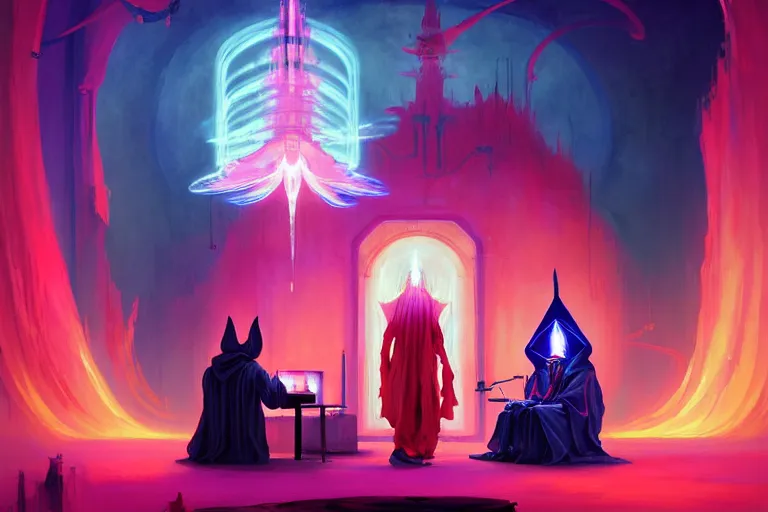 Image similar to a beautiful masterpiece painting of a technomancer wizard in robes with pointed hood discussing sentience with his synthesized AI djinn in his laboratory near a computer by Remedios Varo and Anato Finnstark and Greg Rutkowski, dayglo pink, dayglo blue, dazzle camouflage, 8k, trending on ArtStation