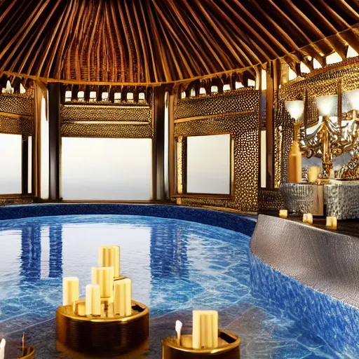 Image similar to interior of a 2 story spa with everything made of gold, candles, wellness pool, intricate detailed roof, contemporary design