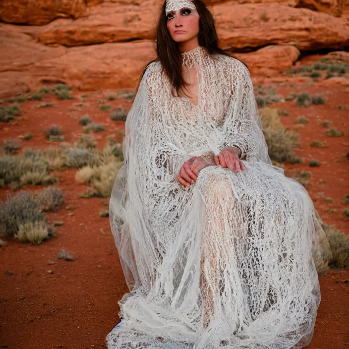 Prompt: a color photograph, closeup portrait of a woman wrapped in lace, sitting in a plastic throne, in arches mountains national park in utah, color photograph, by vincent desiderio, canon eos c 3 0 0, ƒ 1. 8, 3 5 mm, 8 k, medium - format print