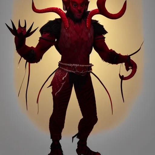 Image similar to dnd render of a male tiefling, red scales, a big black beard, completely golden eyes, 1 curved horn growing out of his forehead, one broken horn growing out of his forehead,