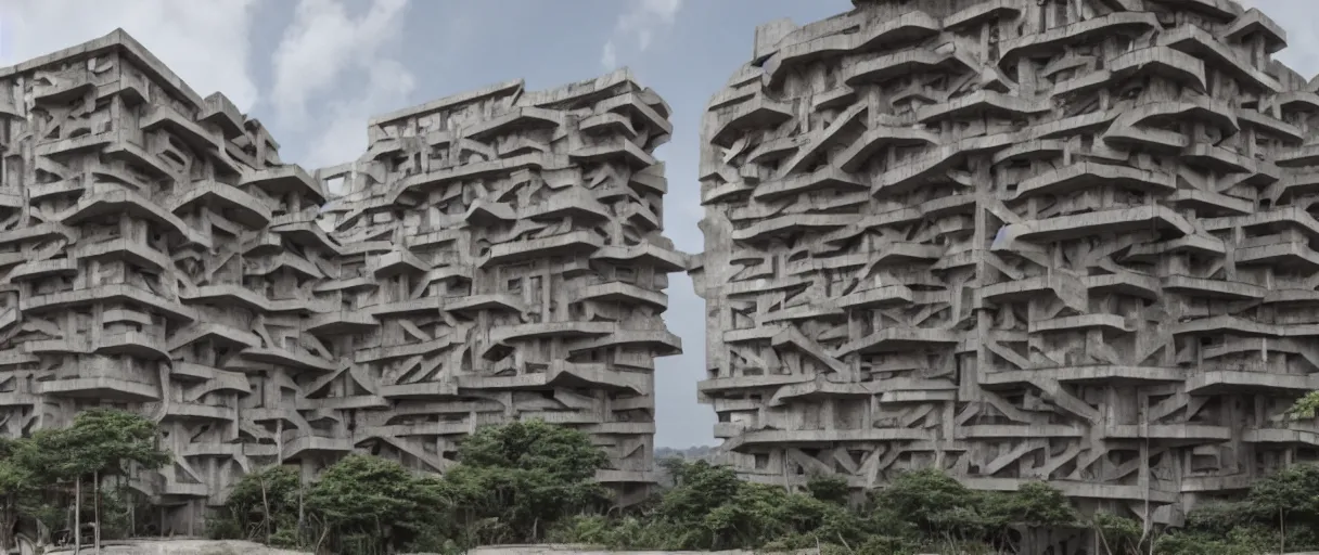 Prompt: Still from BIG MONKEY MOUNTAIN (2022) depicting ornate brutalist architecture