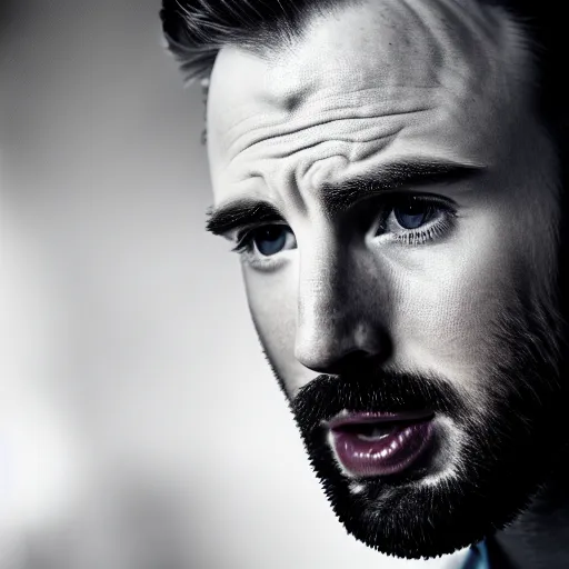 Image similar to Photo of Chris Evans, close-up, high detail, studio, ominous background, smoke, 85mm Sigma Art Lens