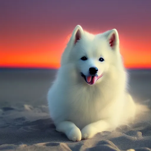 Image similar to a closeup photorealistic photograph of japanese spitz on the beach at sunset. this 4 k hd image is trending on artstation, featured on behance, well - rendered, extra crisp, features intricate detail and the style of unreal engine. golden hour