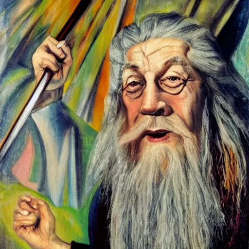 Image similar to a deliriously happy Gandalf Reeves, portrait oil painting by Otto Dix, oil on canvas (1921)