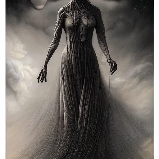 Prompt: By Tom Bagshaw and Giger, ultra realist soft painting of a flower field by night, long dress female, horror, omnious sky, symmetry accurate features, very intricate details, black and white, volumetric light clouds